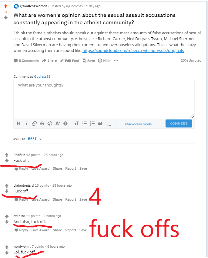 Feminist Atheists On Reddit Tell Me To Fuck Off